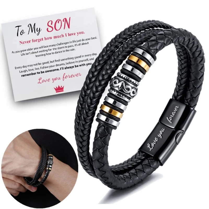 Pulsera trenzada de cuero para hombre, brazalete con cierre magnético de doble fila, para mi hijo