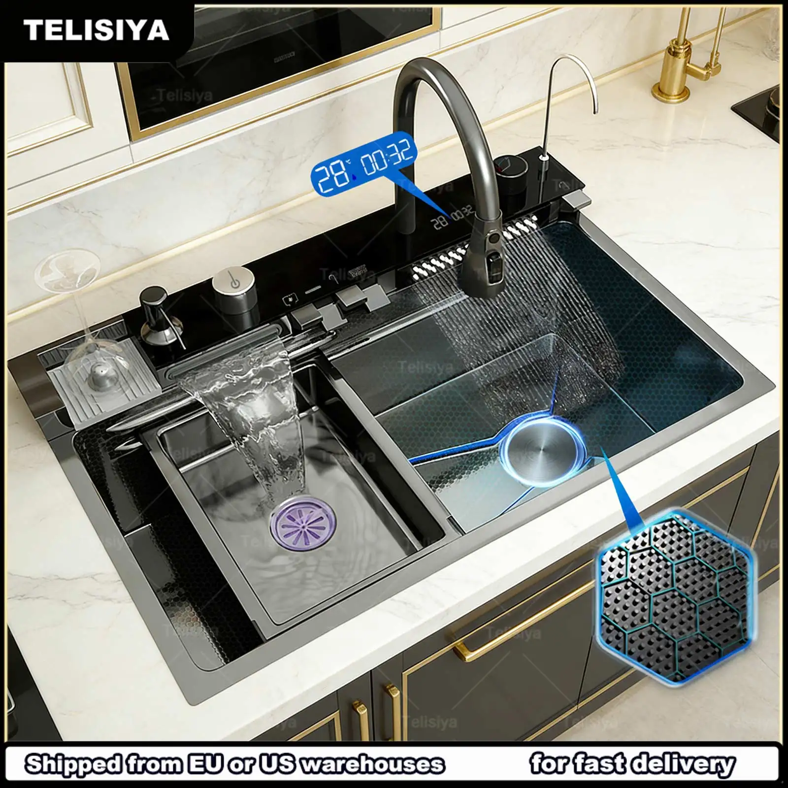 Various Multifunctional Sinks Stainless Steel Kitchen Sink Digital Display Waterfall  Large Single Slot  Wash Vegetable Basin