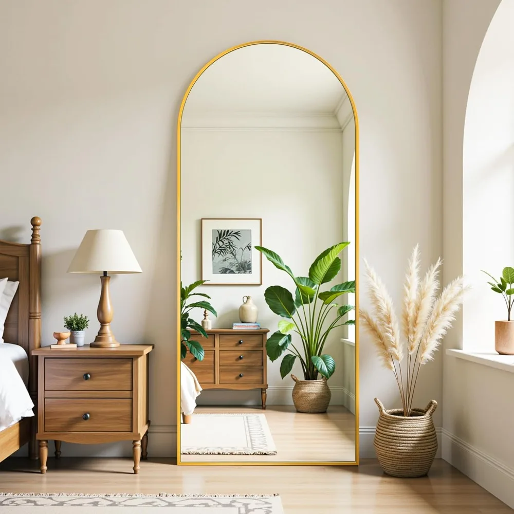 Gouden vloerspiegel over de volledige lengte met standaard voor slaapkamer en woonkamer, 58 x 21 elegante woondecoratie