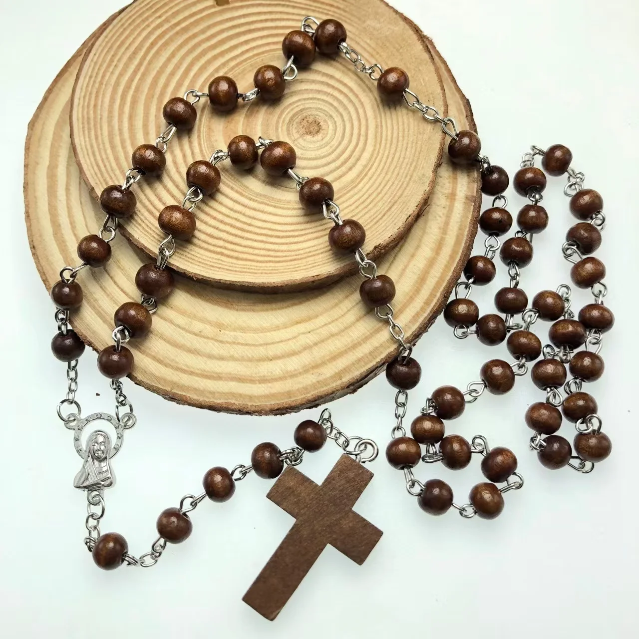 5pcs/pack brown Catholicism rosary zinc alloy centerpiece wood cross pendant Christian necklace oppbag packing