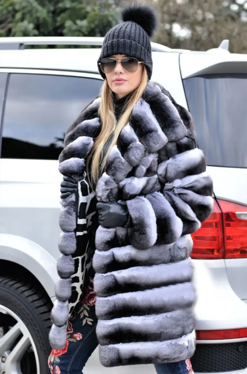 Women Real Rex Rabbit Fur Coat Fashion Chinchilla Hooded Jacket Winter Thick Natural Fur Warm Overcoat Lady Genuine Fur Outwear