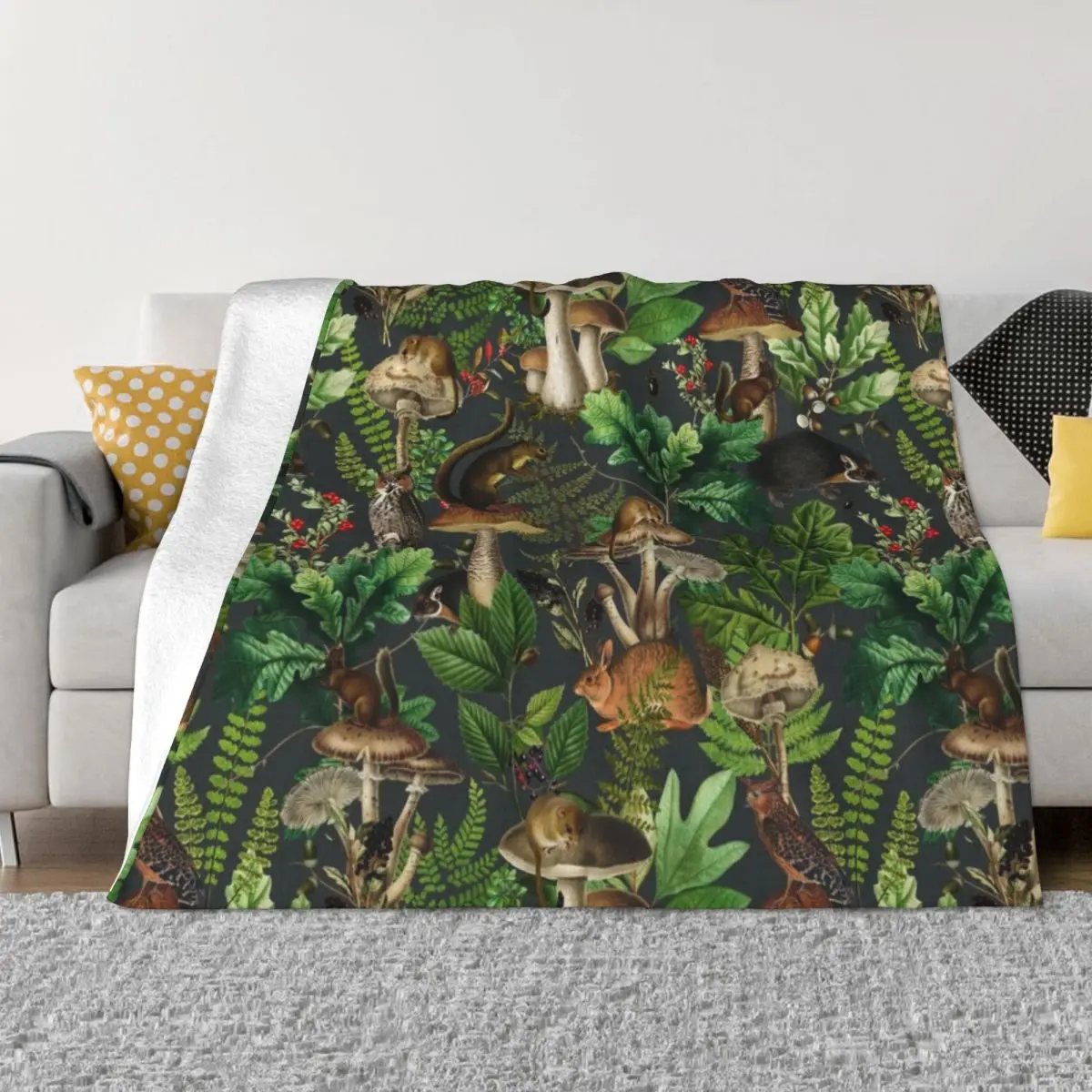 

Woodland Fairytale- Mushrooms And Wild Animals In Forest - Vintage Botanical Night Garden Pattern Throw Blanket bed plaid