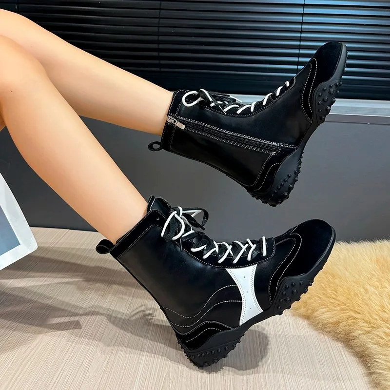 おしゃれなソフトレザーのミッドカーフボクシングブーツ、女性向け、今季のホットセール、ニューレトロスタイル、身長アップ、PU裏地付きフラットブーツ