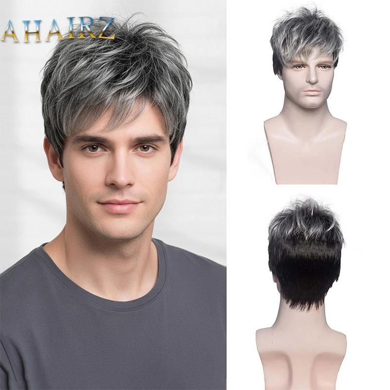 

Модный мужской короткий парик с стрижкой пикси, синтетический смешанный серый парик, пушистые многослойные искусственные волосы для мужчин, вечерние парики из волокна для косплея