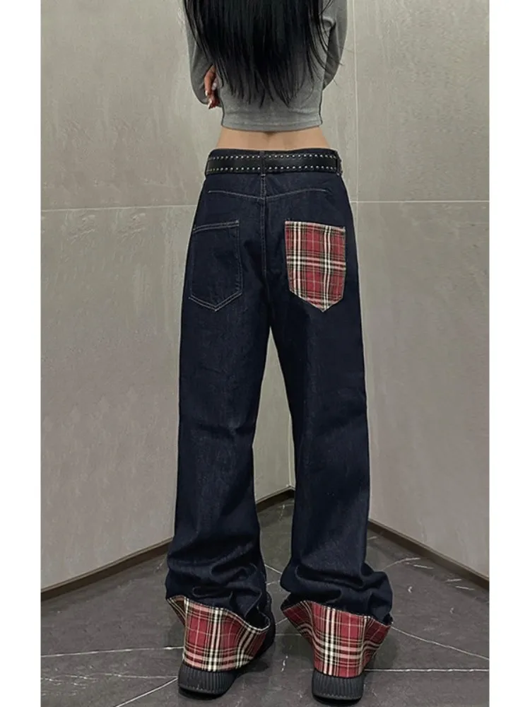 

Trendy Plaid Splicing Roll Jeans Men's Autumn Winter Loose Wide Leg Pants Neutral Sle Floor Length Trousers