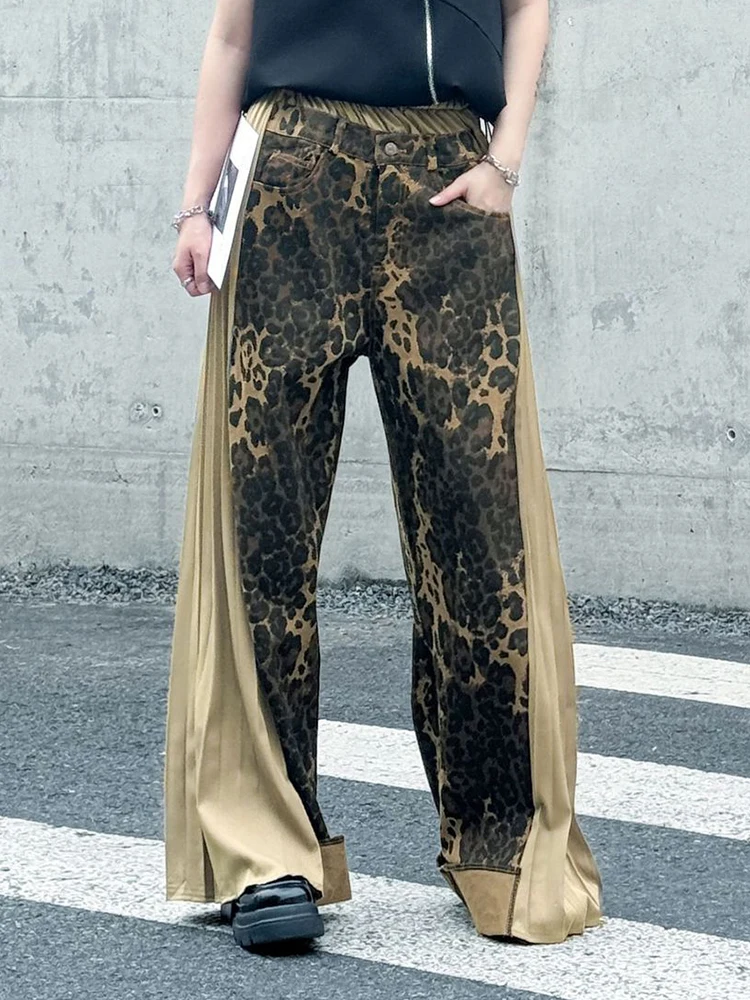 

High Waist Black Leopard Printed Pleated Long Wide Leg Jeans New Women Trousers Fashion Tide Spring Autumn