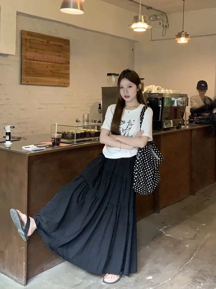 

Summer 2026 High Waist A-Line Skirt Set with Printed Knot Short Sleeve T-Shirt Korean Style Versatile Women's Fashion