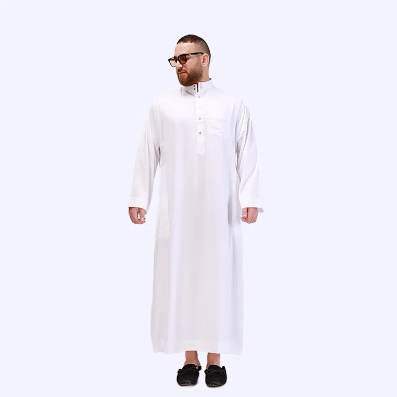 Abaya pakaian Muslim pria warna polos, S-XXL ibadah Muslim putih lengan panjang Arab dan Turki