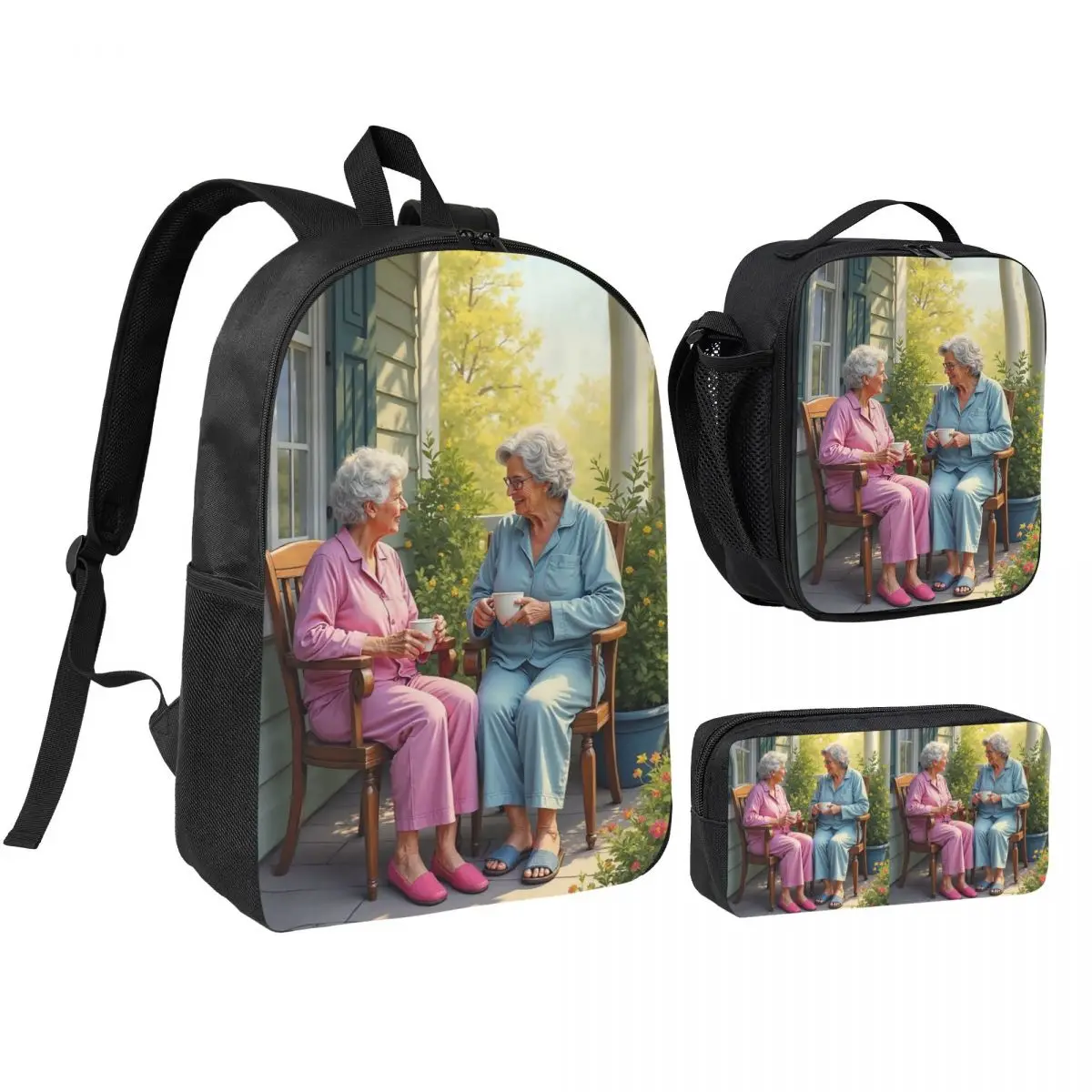 Best Friend Old Sisters Living In The Courtyard Backpack Boys Girls BookBag School Bag Shoulder Bags 3ps Lunch Bag Pencil Case