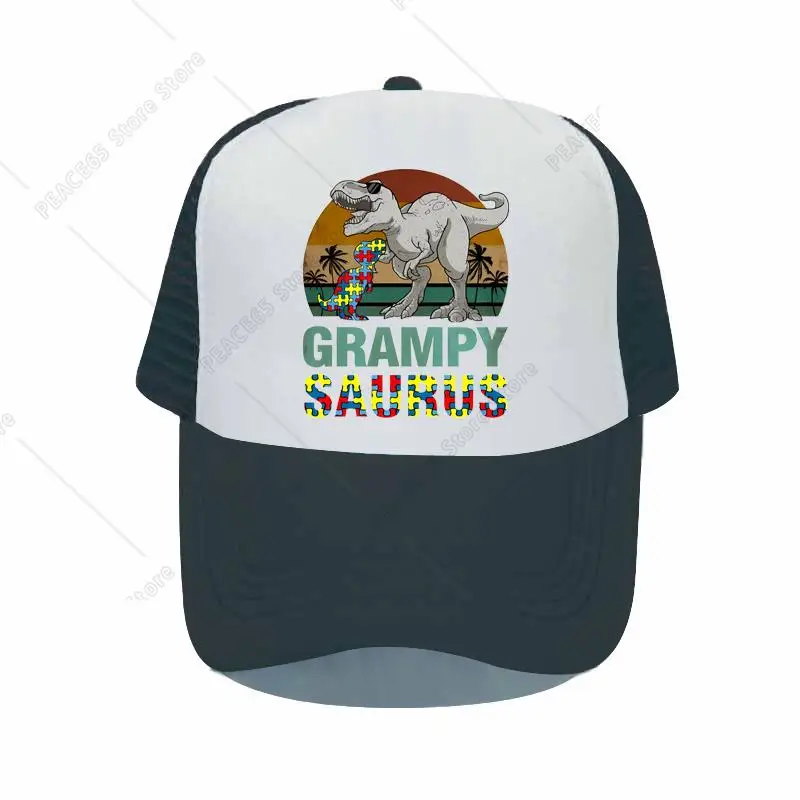 Vintage Rainbow Grampy Saurus Adult Baseball Cap Autistic Grandson Dinosaurs Mesh Snapback Caps Puzzle Autism Trucker Hat