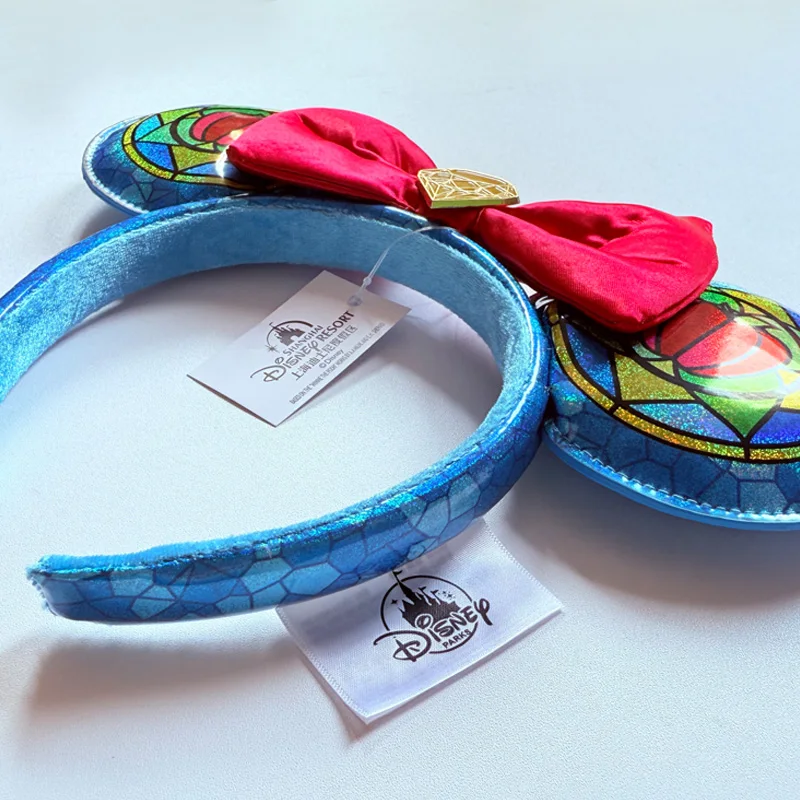 Snow White Stained Glass Minnie Ear Headband Blue Glitter Mickey Mouse Ears Headband With Red Bow Disney Cosplay Hair Accessory view 5