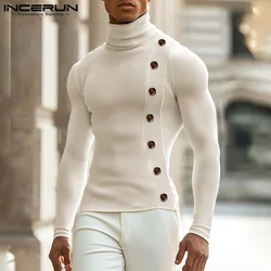 INCERUN New Men's Clothing Solid Button Texture T-shirt Stylish Male City Walk All-match Simple Long Sleeved Camiseta S-5XL 2024