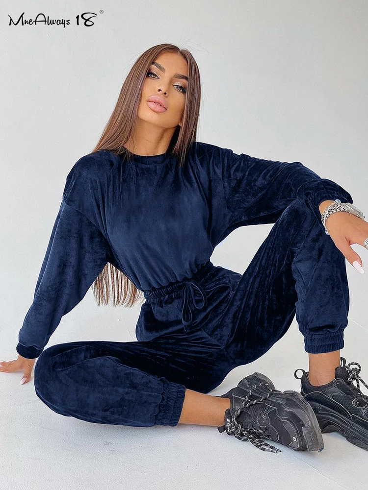 

Mnealways18 Navy Velvet Elegant Women Office Jogger Rompers With Sashes V-Neck Fashion 2024 Jumpsuits Sporty Casual Rompers Lady