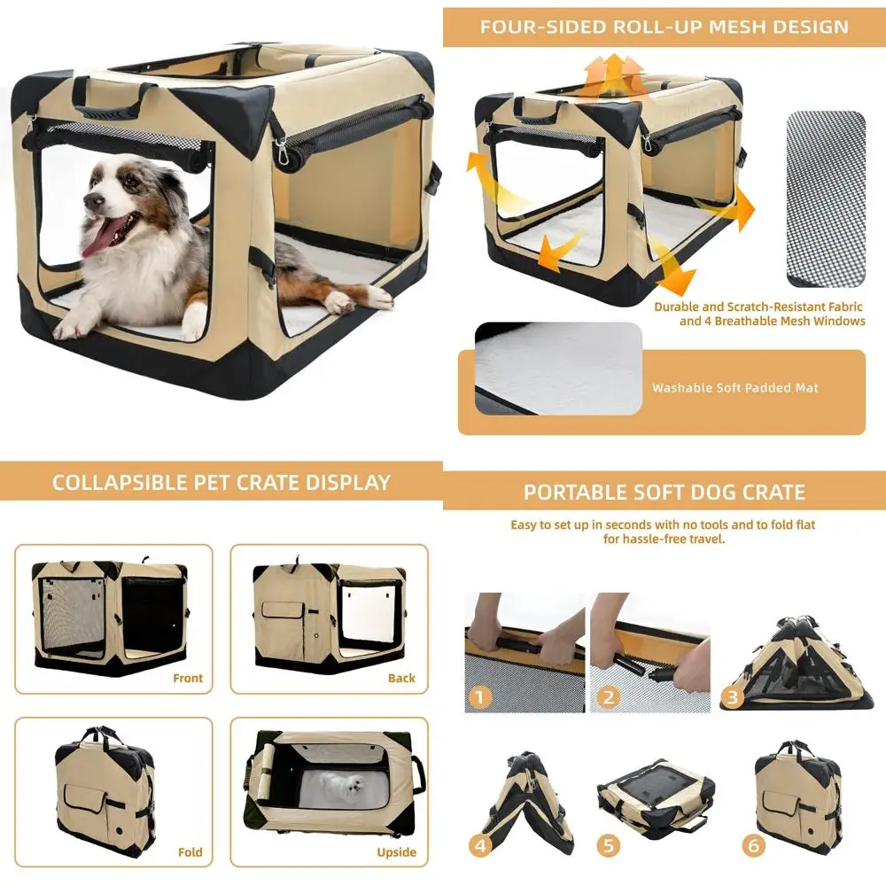 

Large 36 Inch Collapsible Dog Crate - 4-Door Foldable Soft Kennel with Chew Proof Mesh Windows for Indoor and Outdoor Use