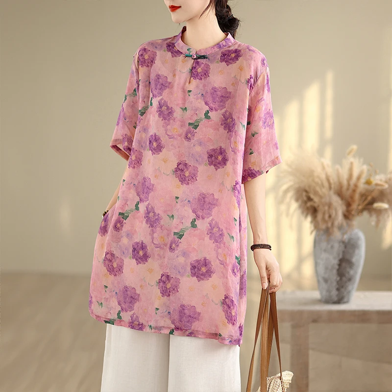Camicetta da donna cinese di media lunghezza con stampa floreale casual, colletto rialzato, tendenza nazionale artistica, fibra di poliestere, ort...