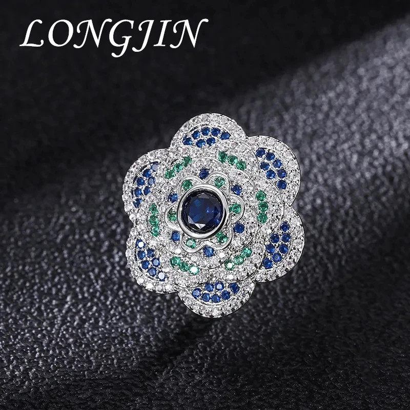 

925 Sterling Silver Retro Sapphire High Carbon Diamond Flower Luxury Woman Jewelry Adjustable Ring Wedding Party Friend Gifts