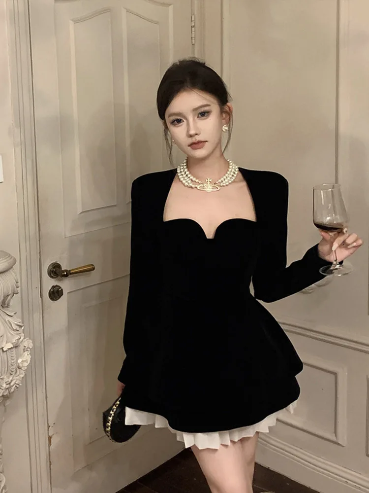 

Ele plus Size Velvet Dr Women's Autumn Winter Faion Casual Bal A-Line Skirt Long Sve Bla Dr for Ladies