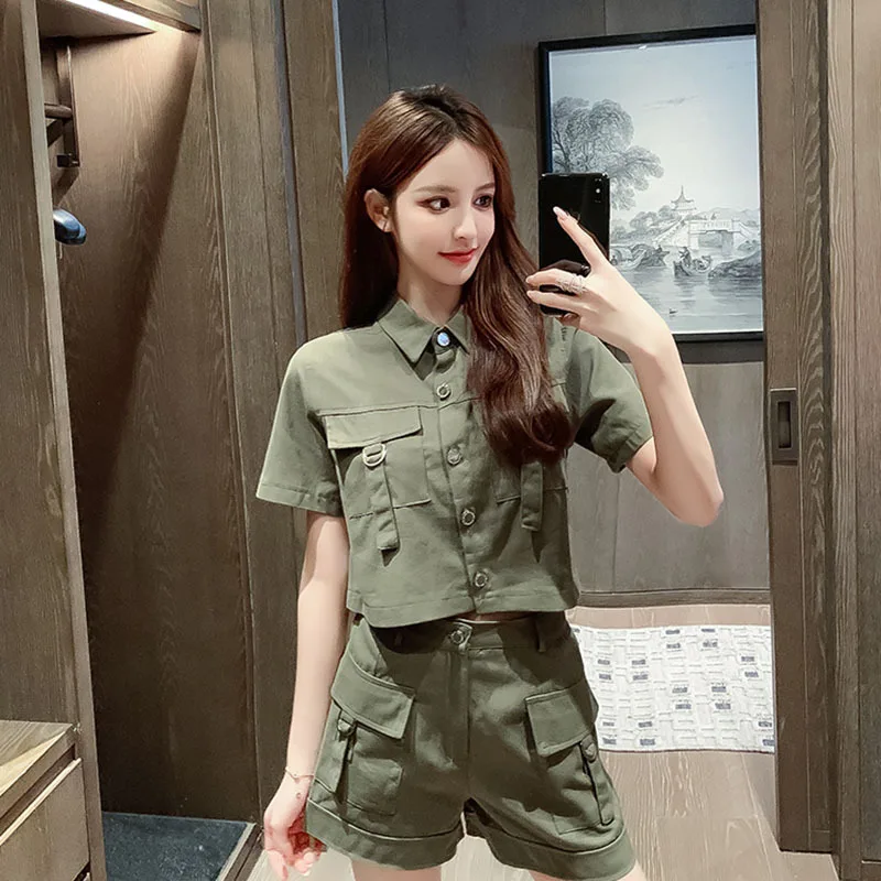 2023 Summer Safari Style Women Short Sets Korean Style Fashion Elegant New In Matching Sets Casual 2 Piece Sets Women\'s Suit