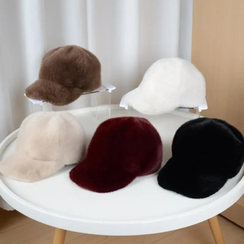【F】Fashion Fluffy Faux Fur Baseball Hat Outdoor For Women's Thick Thickened Cap Men Autumn And Winter Warm Snapback Hat