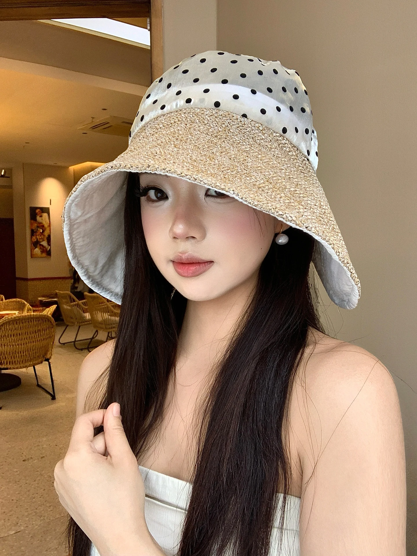 Retro Polka Dot Woven Splicing Fisherman Hat Women's Summer Thin Outdoor Wide Brim Face Slimming Sun Protection Hat