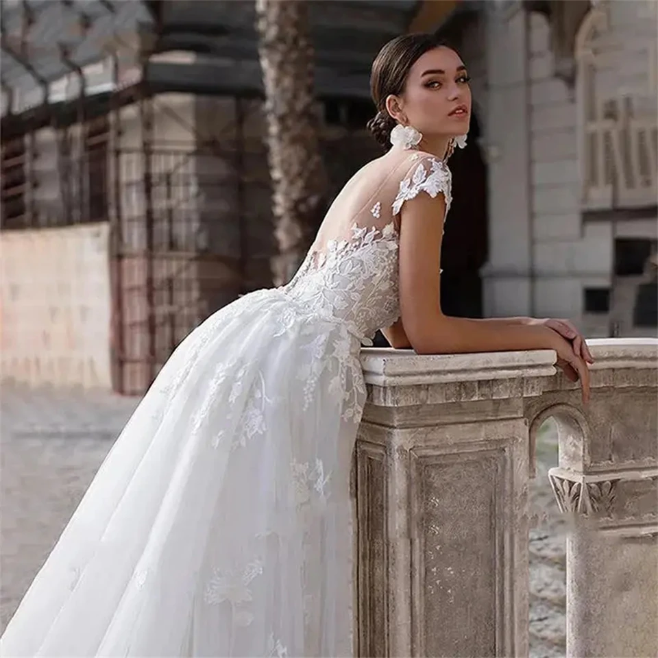 Elegant Appliques Lace Tulle Backless A-line Wedding Dresses For Women 2026 Detachable Train Bridal Gown Vestidos De Noiva