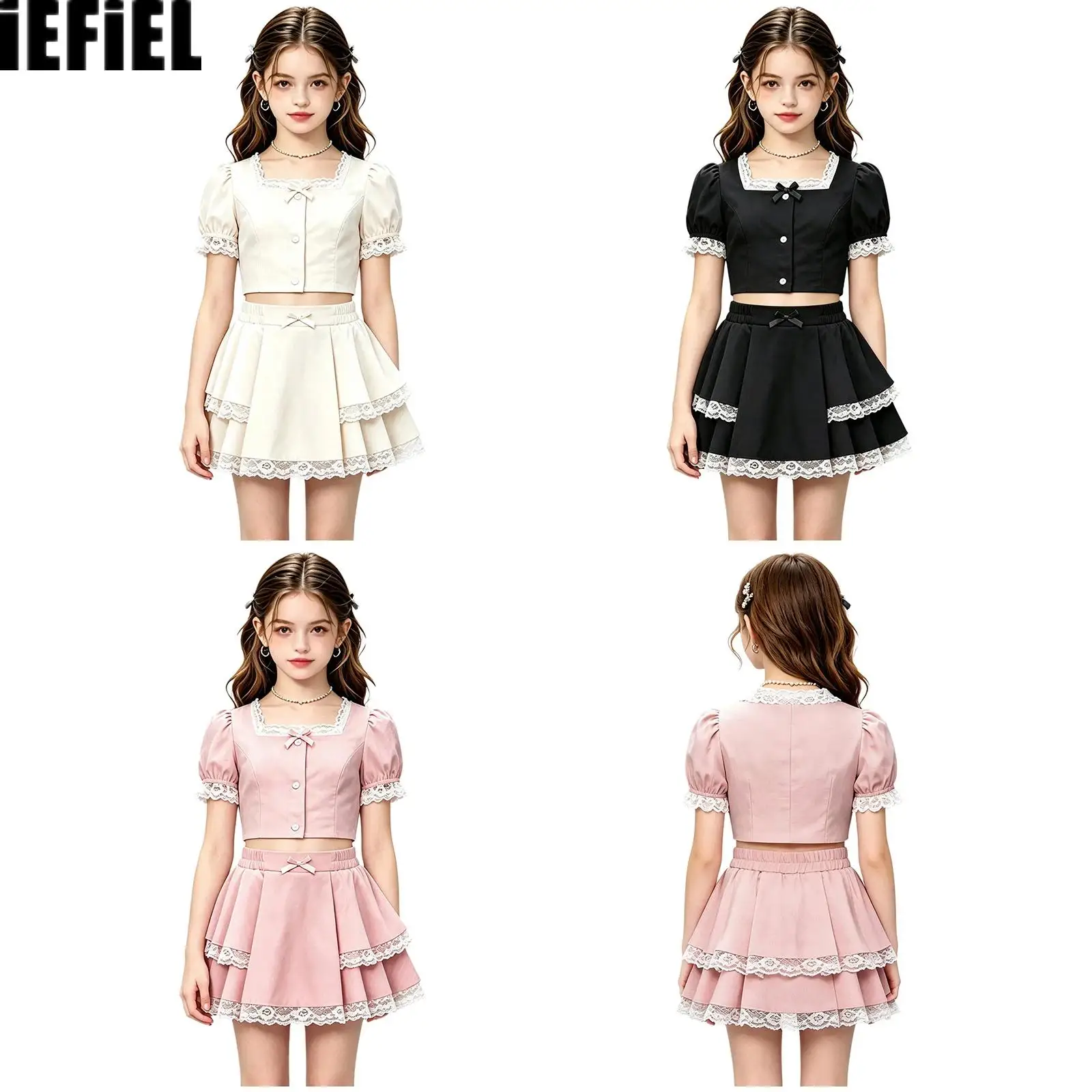 Kids Girls Lace Trim Dance Outfit Short Puff Sleeves Button Bowknot Crop Top with Elastic Waist Ruffled Layered Skirt