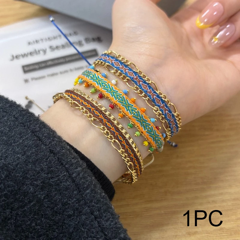1Pc Vintage Ethnic Handmade Woven Woven Ribbon, Colorful Nail Bead Golden Chain, Bohemian Couple Bracelet