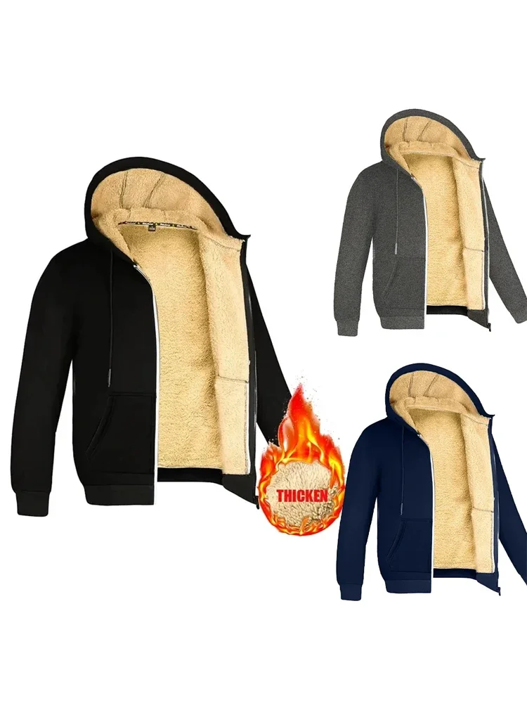Zimowe bluzy z kapturem z wełny jagnięcej Męskie grube ciepłe bluzy z zamkiem błyskawicznym Wiatroszczelna gruba kurtka termiczna Streetwear Casual Plus Size — zdjęcie 2