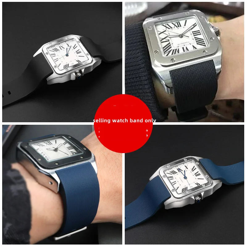 20mm 23mm Watch Strap For Cartier Sandoz Santos 100 W20073X8 W20106X8 W2020008 Silicone Rubber Bracelet Men Women Black Belt