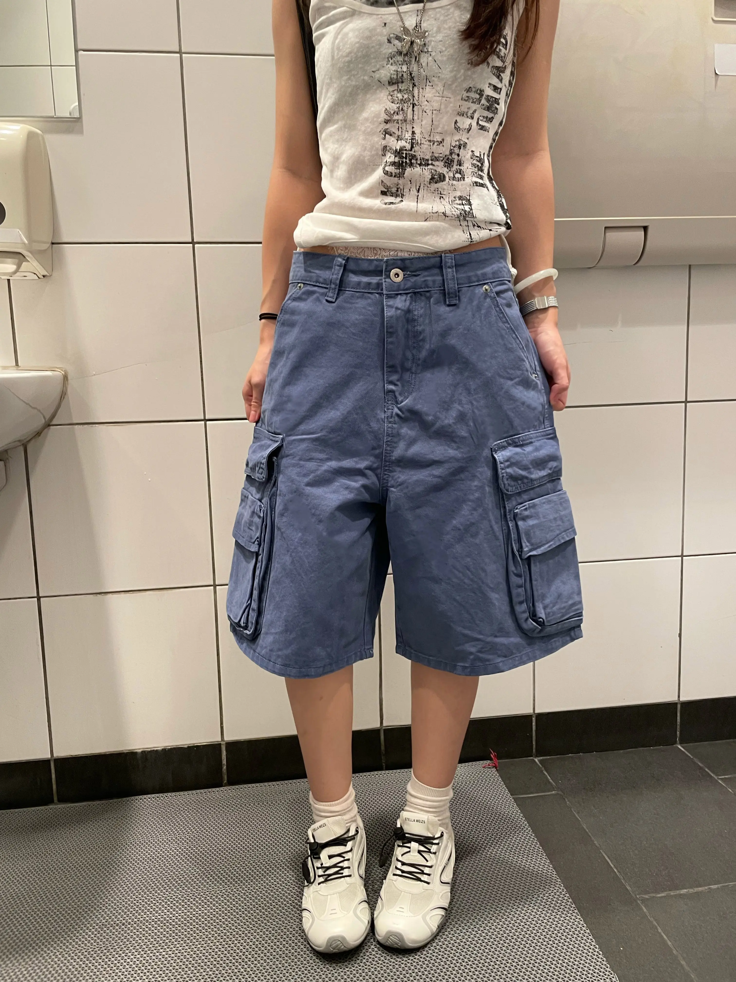 

American Retro Workwear Blue Men's Women's Summer Straight Leg Five Pocket Shorts Slimming Jeans mid Waist Button Fly