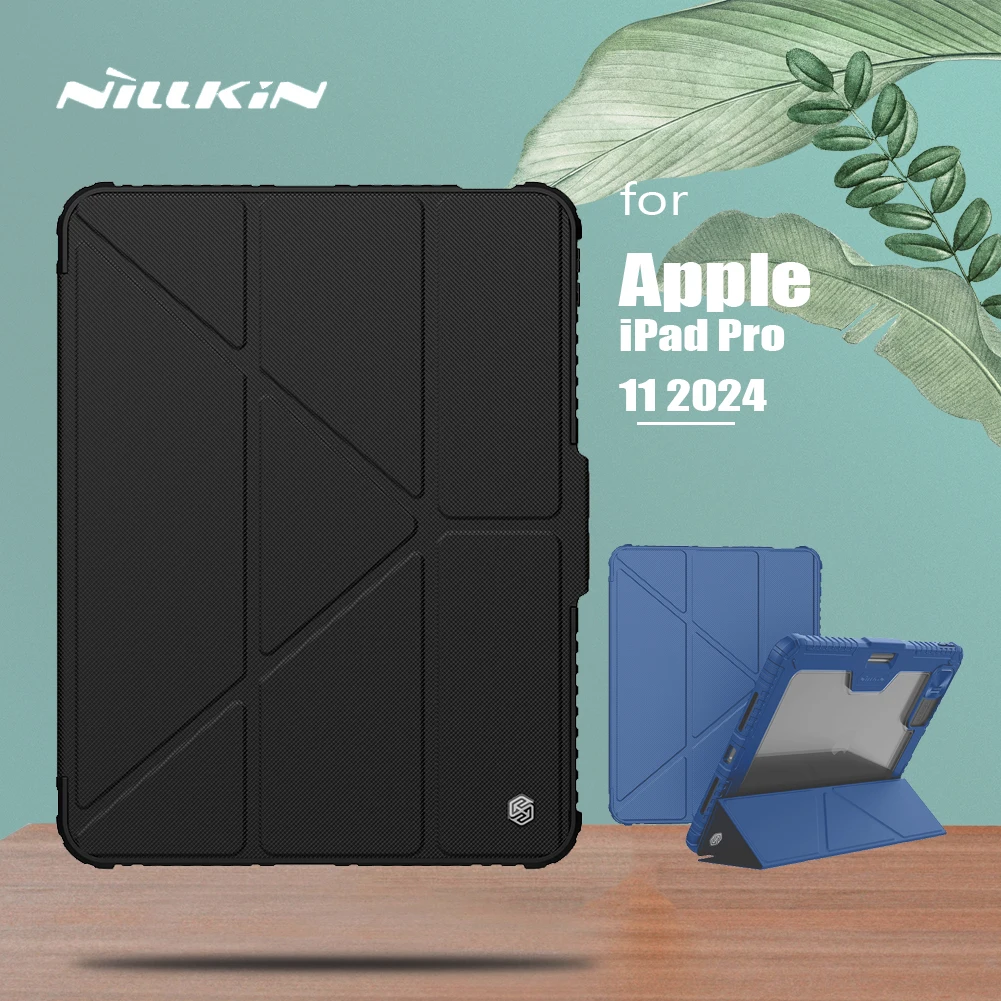 NILLKIN لهاتف Apple IPad Pro 11 2024 حافظة جلدية قابلة للطي غطاء كاميرا منزلق مع حامل خلفي مقاوم للصدمات من البولي كربونات الصلبة + واقي من البولي يوريثان