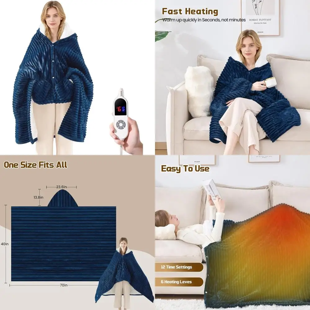 

Wearable Electric Blanket with Hood and Pockets, 6 Heating Levels, 12-Hour Timer, Machine Washable (40x70, Navy)