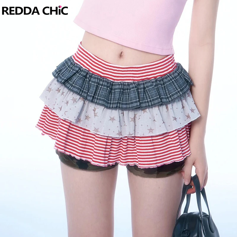 

REDDACHiC Y2k Star Stripe Plaid Women Skirt Layering Summer Elastic Waist Ruffle A Line Mini Cake Skirt Vintage Summer Clothes