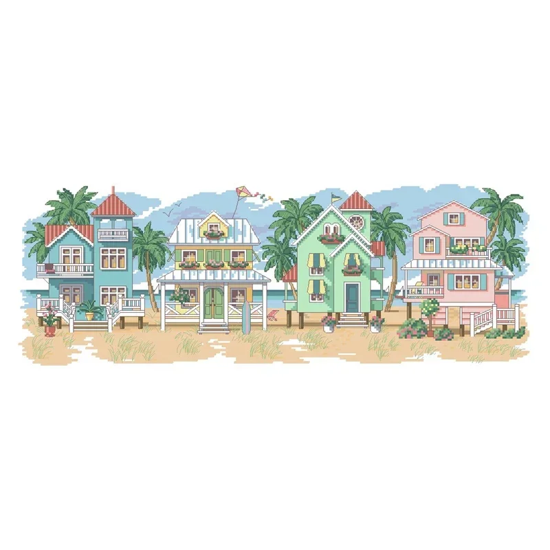 Gold Collection Lovely Counted Cross Stitch Kit Seaside Cottages Cabin Chalet Cottage Village Home Town City House Dim 13726