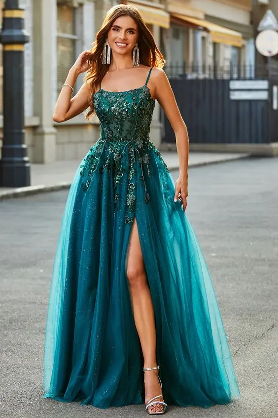 

Beading Prom Dresses Lace Applique Spaghetti Straps Long Tulle with Slit Formal Party Evening Formal Dress Special Ocasion Dress