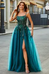 Beading Prom Dresses Lace Applique Spaghetti Straps Long Tulle with Slit Formal Party Evening Formal Dress Special Ocasion Dress