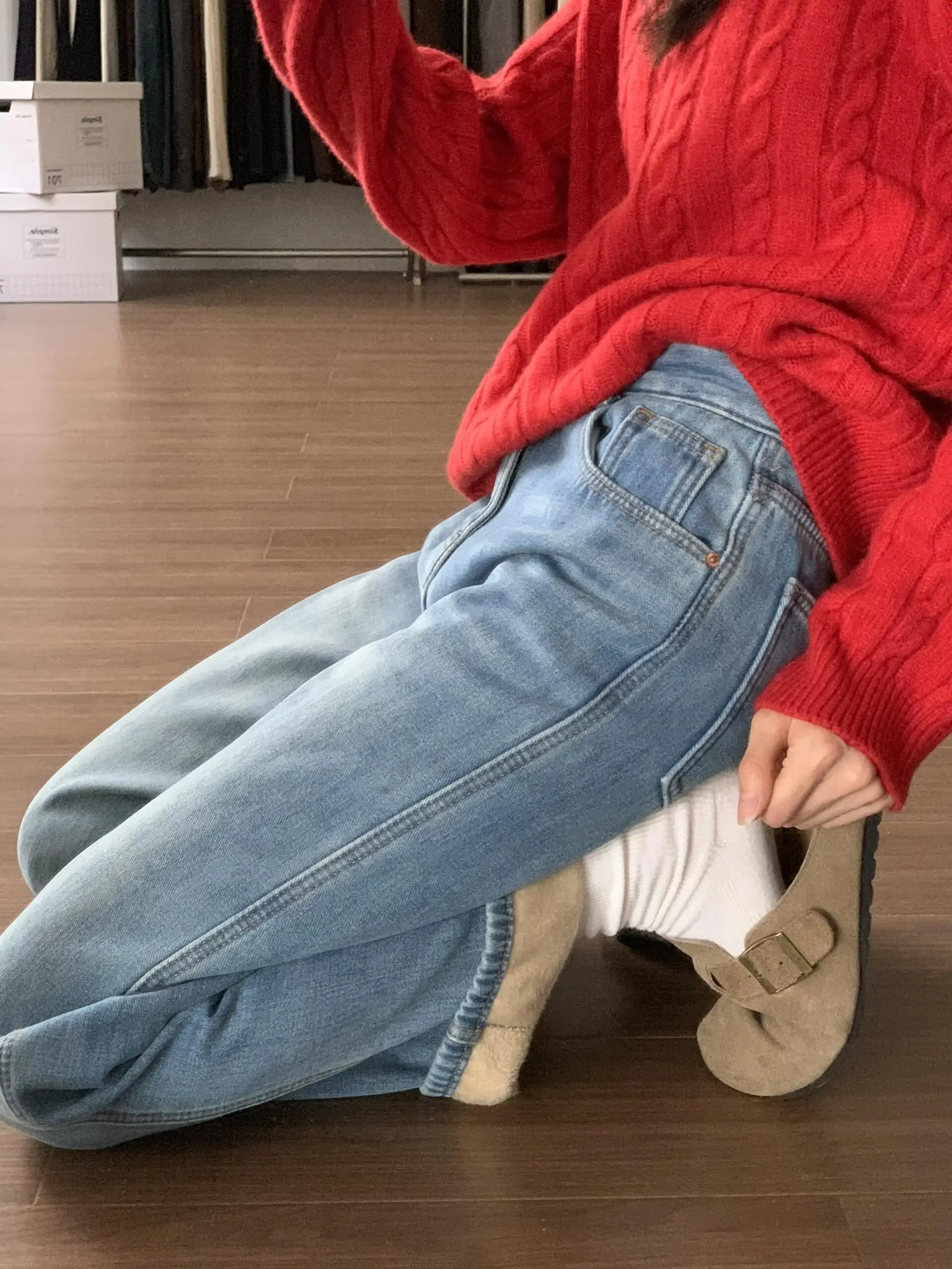 

plus Size High Waist Thickened Fleece Straight Leg Jeans Women's Autumn Winter New Style Casual Loose Slimming Wide Leg Pants
