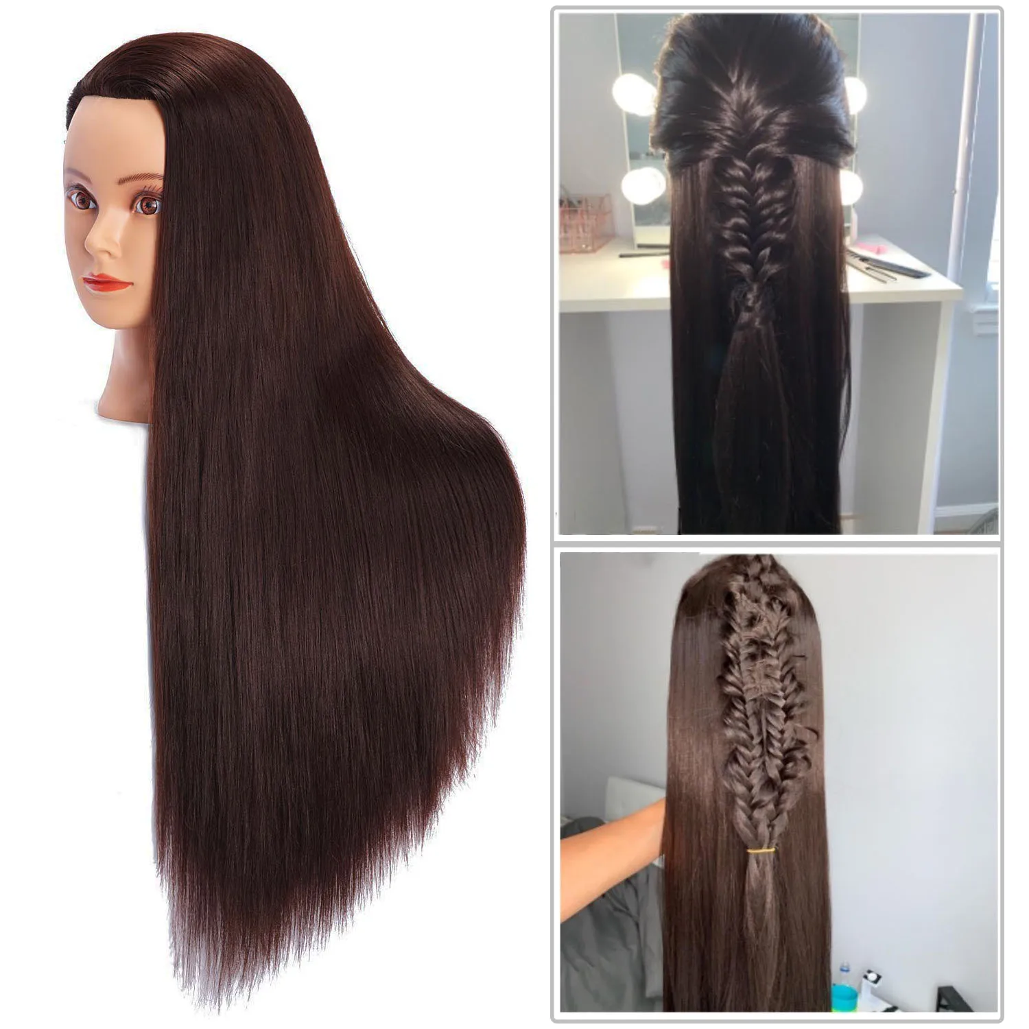 

22inch Mannequin Head With Synthetic Fiber Hair Styling Training Manikin Cosmetology Doll Head With Clamp Stand