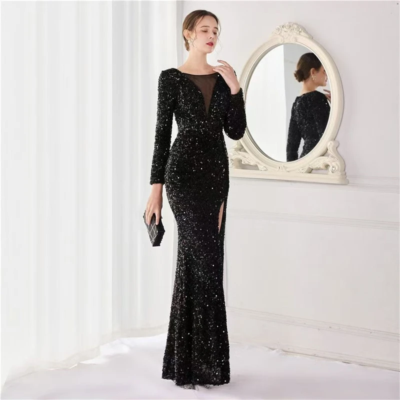 Damen Pailletten-Meerjungfrauen-Abendkleid, bodenlanges, glitzerndes Kleid, elegantes Königinnen-Design, für Bankette, Partys, Abschlussbälle, Cocktailpartys, formelle Anlässe und Galas – Detail 2