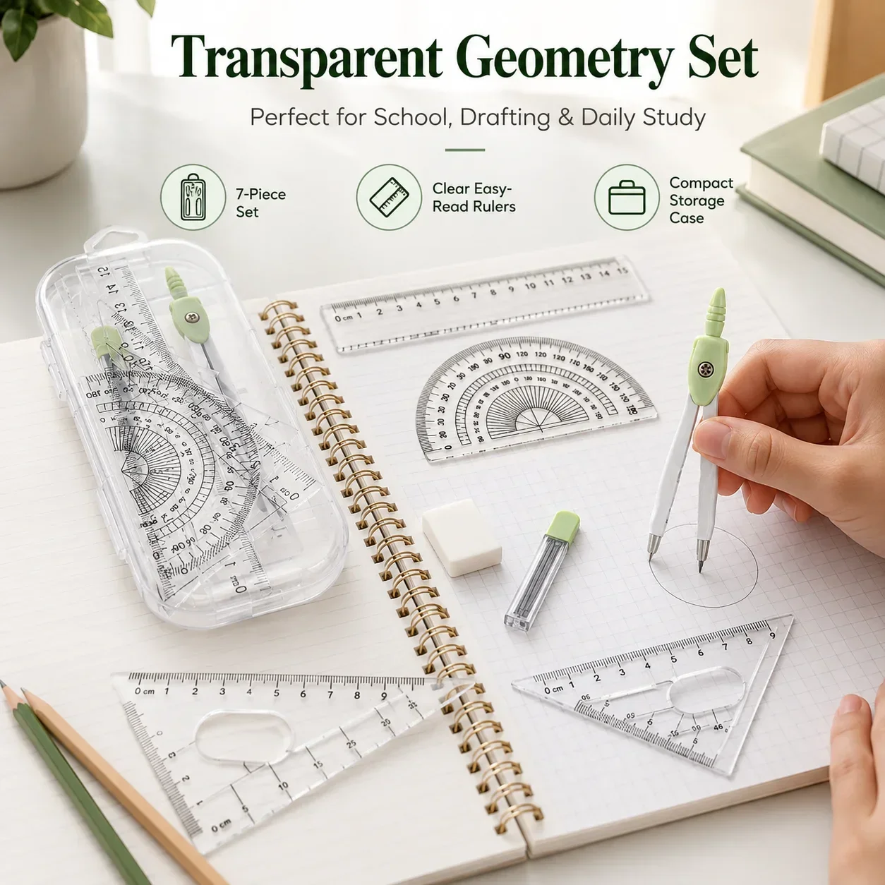 7PCS Geometry Compass Set Plastic Ruler Triangle Square Eraser for Drawing Class