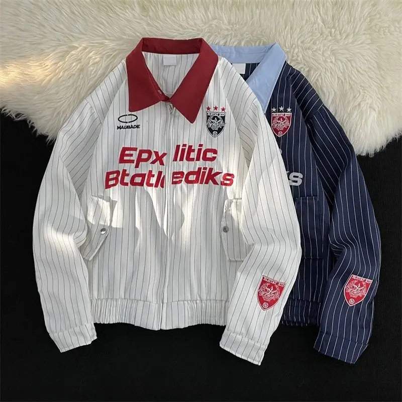 American Retro Striped Jacket Women Men Varsity Baseball Jersey Coat Colorblock Lapel Y2K Streetwear Graphic Windbreaker