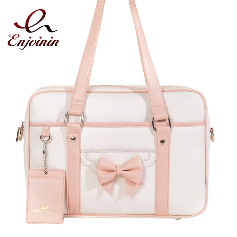 Kawaii Bow JK Uniform Shoulder Bag for Women Student School Bag Sweet Lolita Ladies Messenger Bag Cute Girl Totes Pu Leather