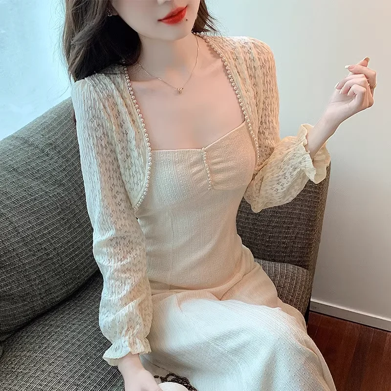 

Shawl Women Summer Clothes Thin Pearl Smock Sunscreen Short Coat Female Fashion Lace Tops Solid Color Cardigan