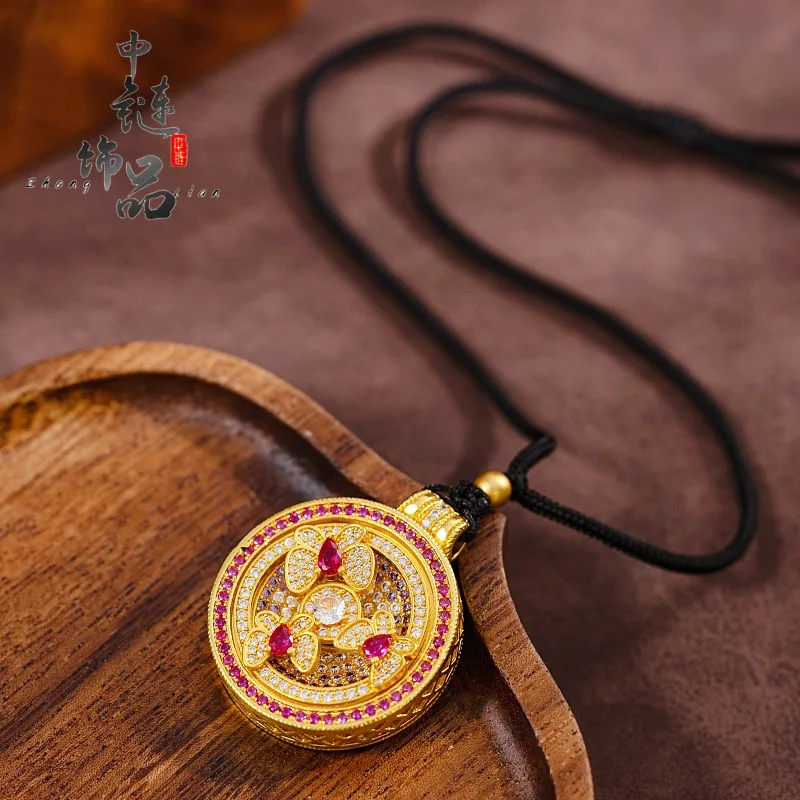 Luxury 9999 24K Solid gold certifid ancient method diamond garden butterfly compass pendant rotating compass pendant for women