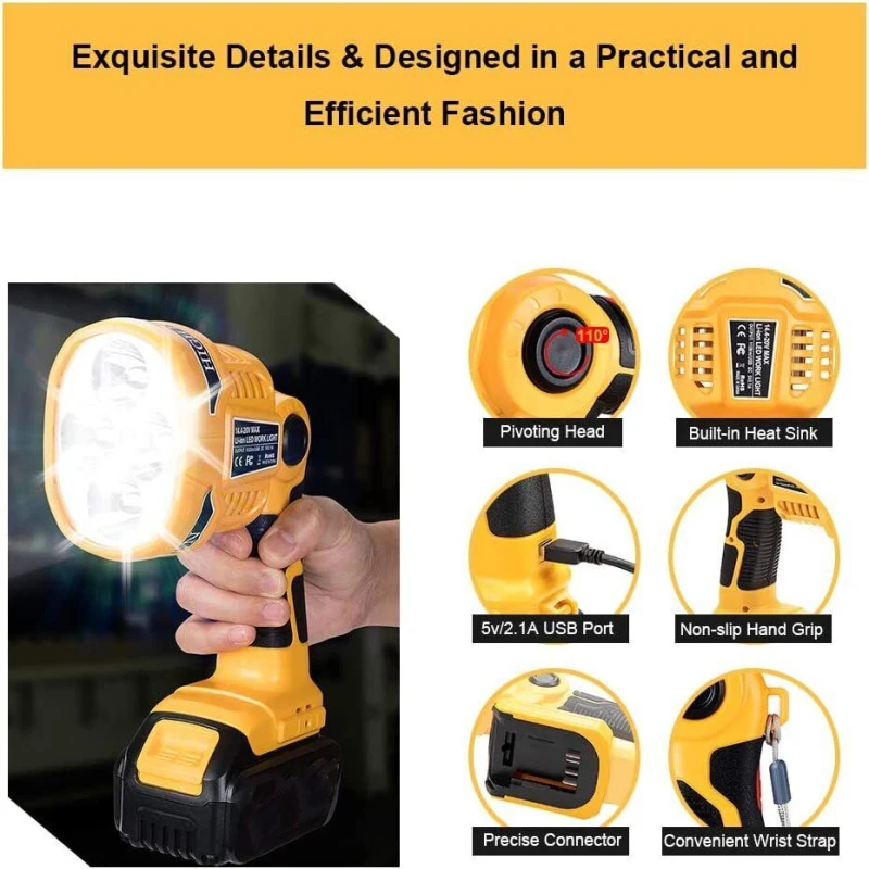 Dewalt、懐中電灯、リチウムイオン電池用のコードレスLEDライトランプ、USB付き緊急スポットライト、14.4v、18v、20v、dcb140、dcb181、dcb200