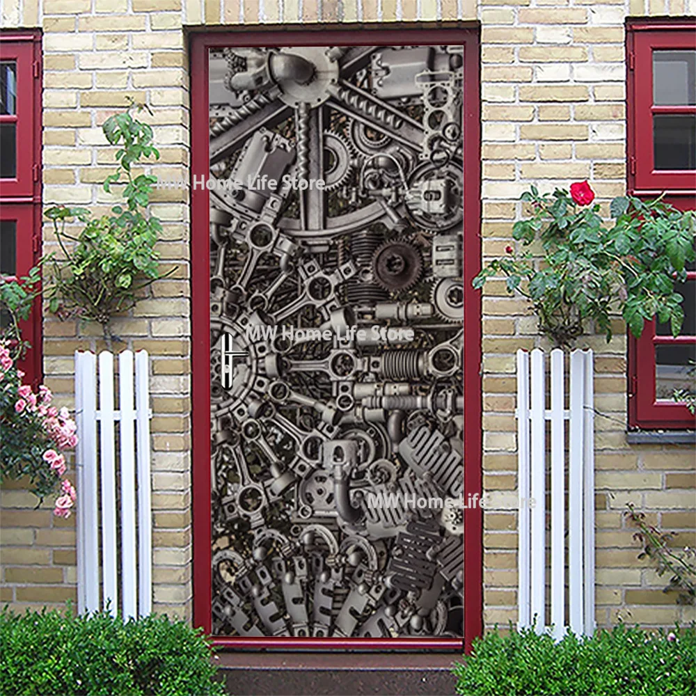 3D Metal Iron Door Stickers Vinyl Simulation Wallpaper Modern Self-adhesive Decoration Bedroom Door Poster Wall Stickers