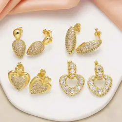 FLOLA Tiny Clear Crystal Heart Earrings for Women Copper Gold Plated Water Drop Ear Studs CZ Jewelry Gifts ersa392