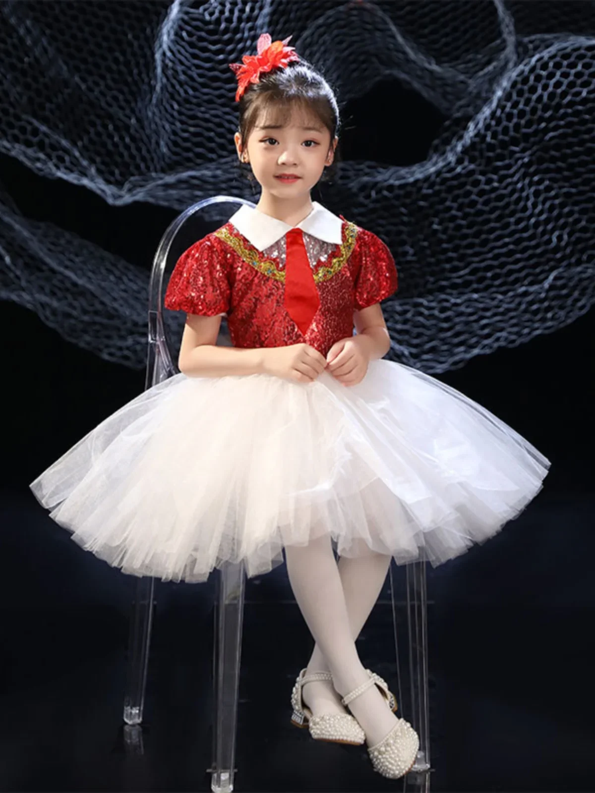 Puffy saree princesa vestido de lantejoulas infantil, performance de palco fantasia, roupas de palco, anfitrião, jardim de infância, estudantes