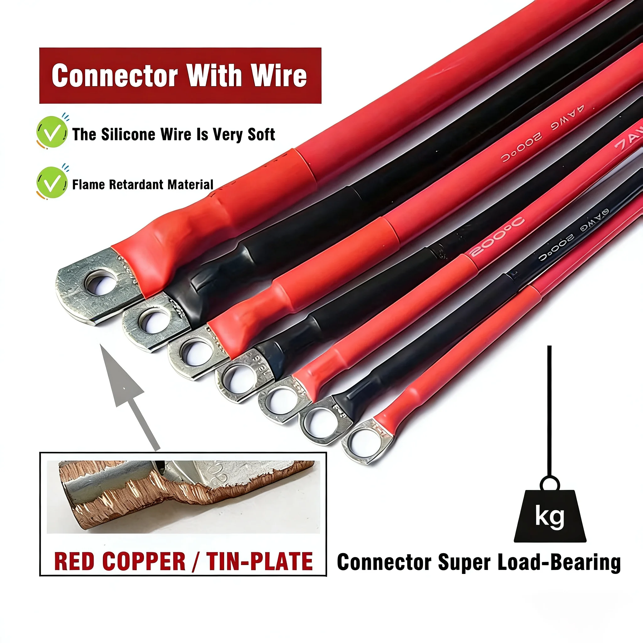 8 7 6 4 2 0AWG Red Black Super Soft Silicone Tinned Copper Wire Cable With M6 M8 M10 Terminal Lug For Inverter Car Solar