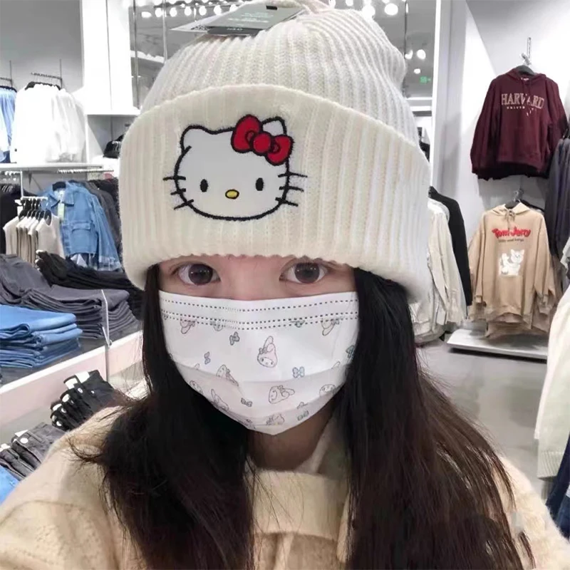 Saniro Hello Kitty Kawaii Embroidery Knitted Cap Cartoon Kt Cat Wool Cap Warm Cap Couple Set Head Hat Girls Gifts